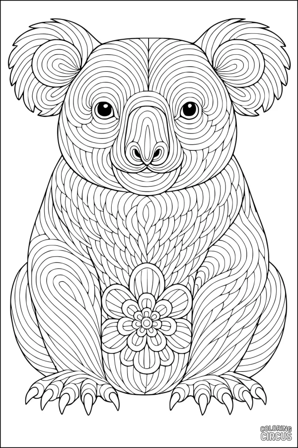 Coloring page featuring a patterned koala with overlapping curved lines and a flower on its belly