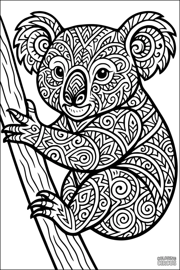 Coloring page of a koala with intricate patterned designs on its body perched on a tree branch