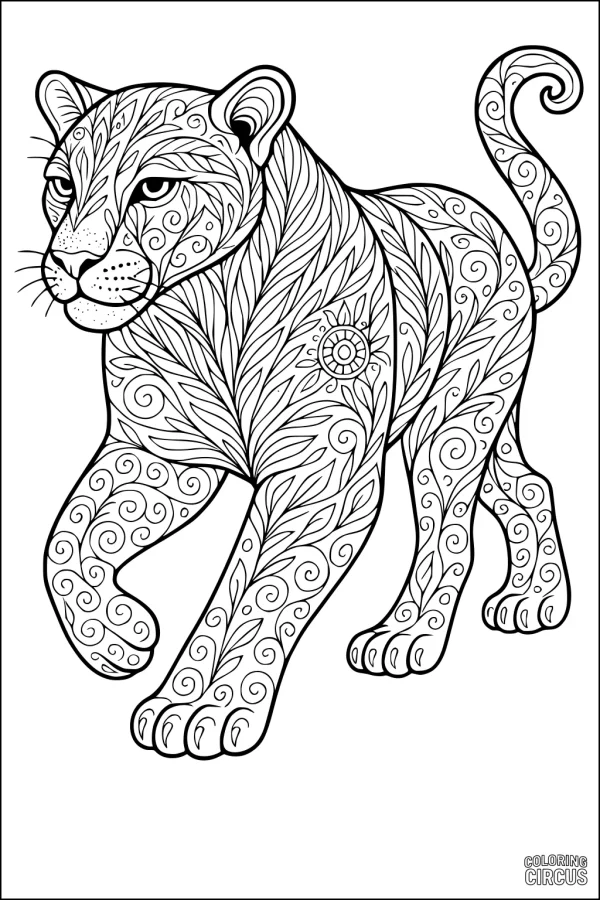 Coloring page featuring a leopard with intricate swirling and leafy patterns on its body