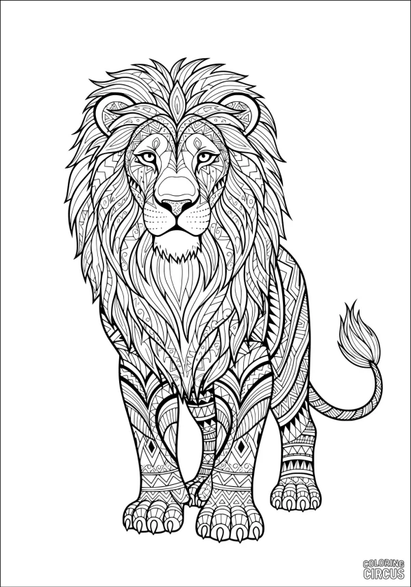 Coloring page featuring an intricately patterned lion with a detailed mane and artistic designs throughout its body.