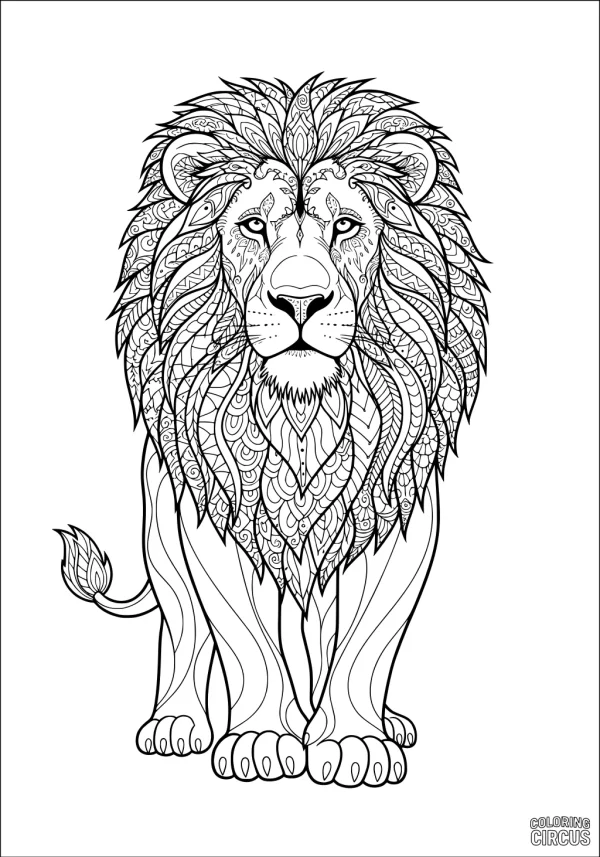 Coloring page featuring a detailed patterned lion with an ornate mane