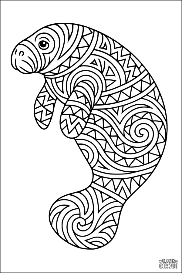 Coloring page of a manatee with intricate patterns and swirls