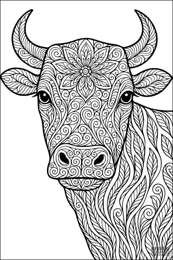 Coloring page showing a cow with intricate swirls and leaf patterns on its face and body