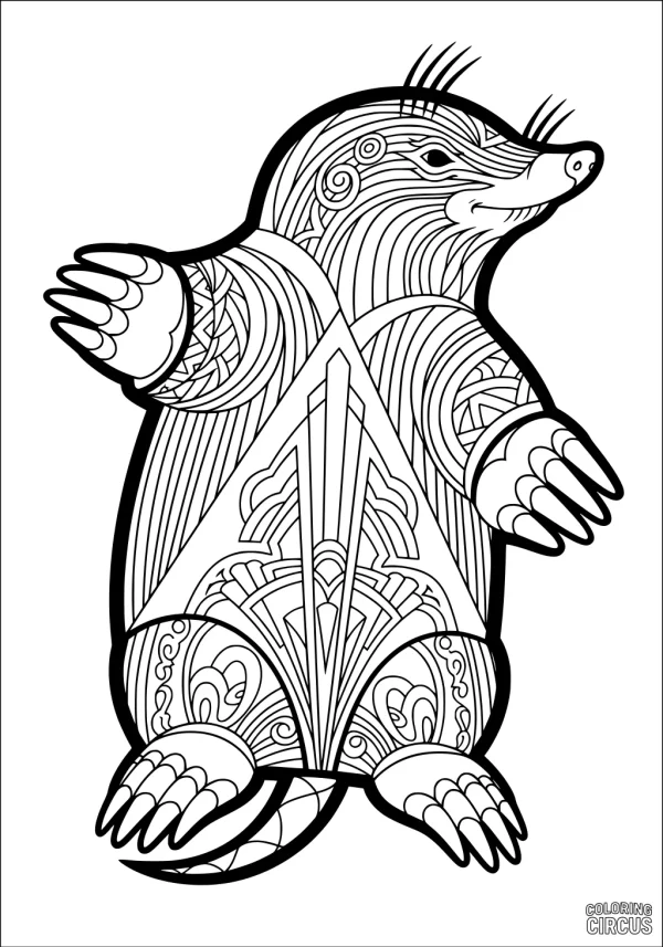 Coloring page featuring a stylized mole with intricate geometric and swirling patterns for advanced coloring