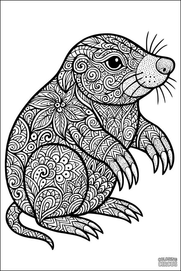 Coloring page featuring a highly detailed, patterned mole surrounded by floral and geometric designs