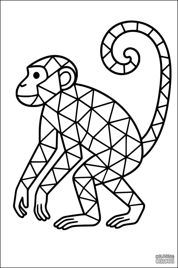 Coloring page featuring a monkey with geometric patches and a spiral tail