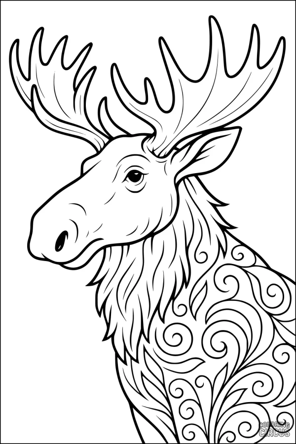Coloring page showing a moose with decorative swirls and large antlers