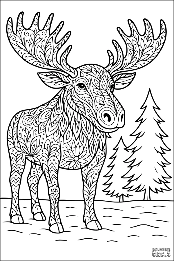 Coloring page detailed moose with patterns in a forest scene
