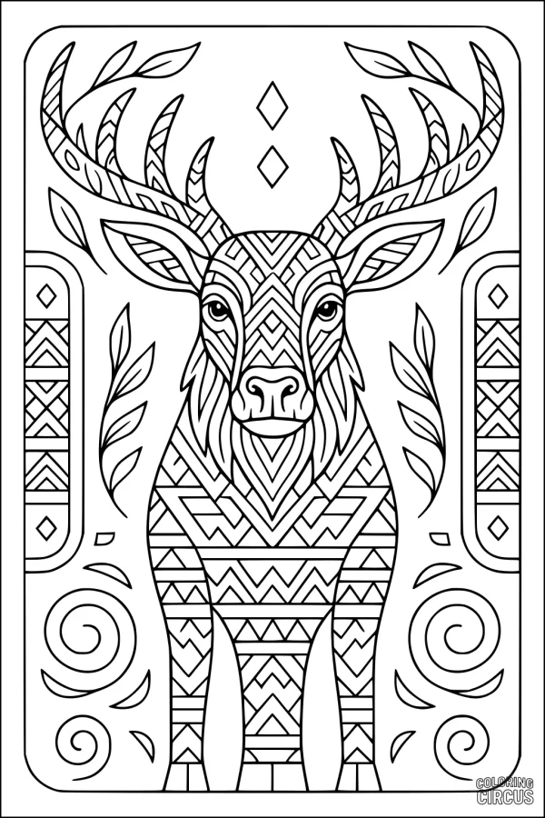 Coloring page featuring a detailed patterned moose with geometric and swirl motifs