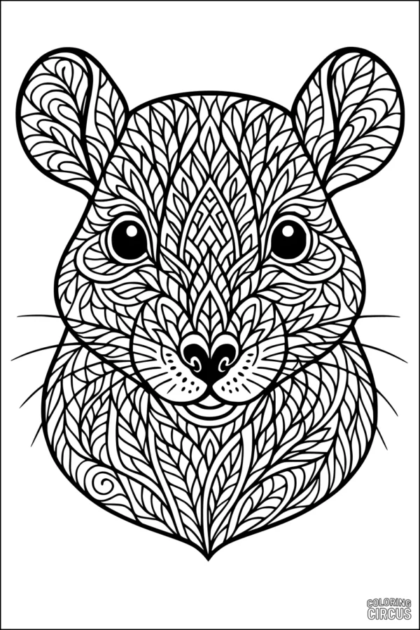 Coloring page featuring an intricately patterned rat face with mandala-style details