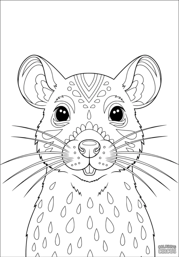 Coloring page featuring a cute rat with patterned fur and large eyes