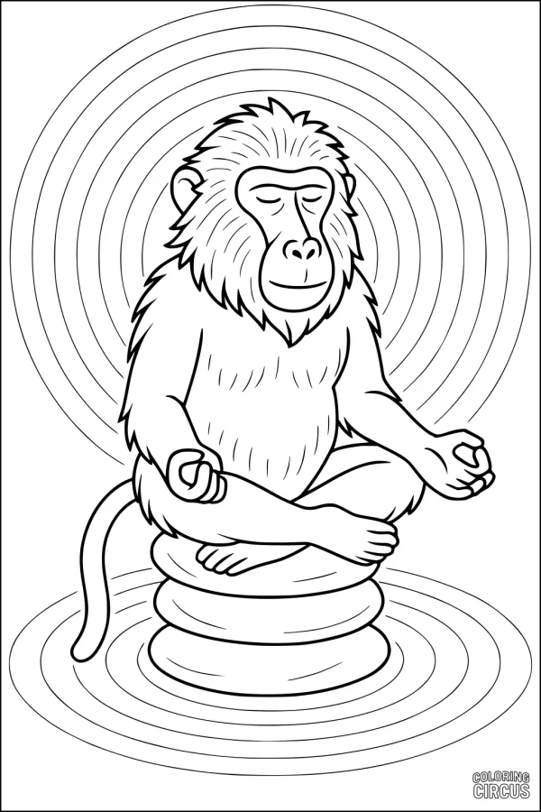 Coloring page of a meditating baboon with peaceful circular ripples