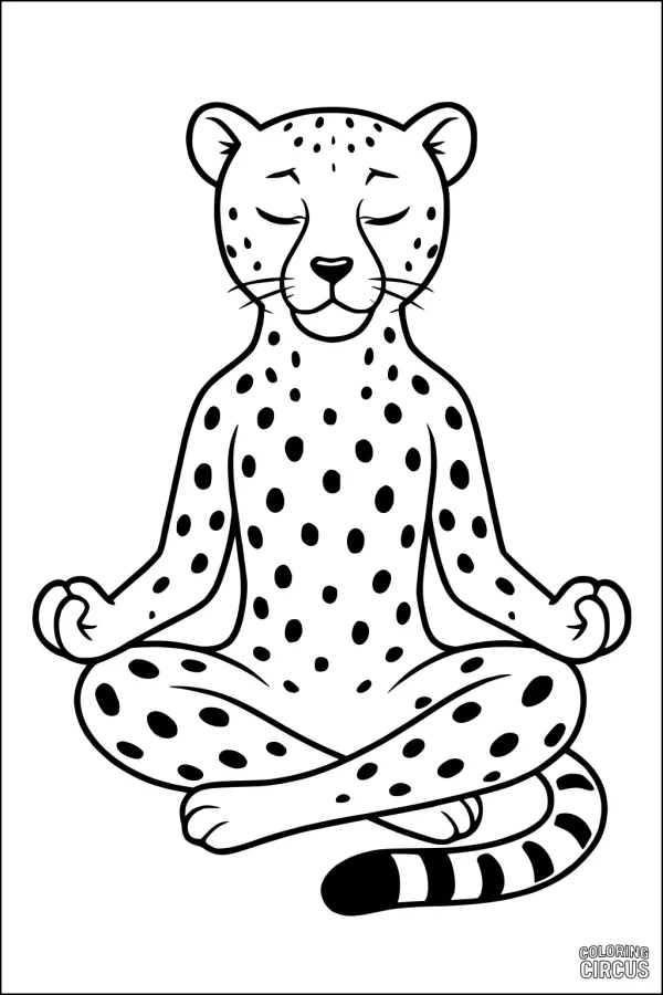 Coloring page featuring a cute cheetah sitting cross-legged in a meditative pose with eyes closed