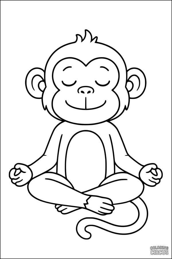 Coloring page of a cute monkey sitting calmly with eyes closed in a meditative pose