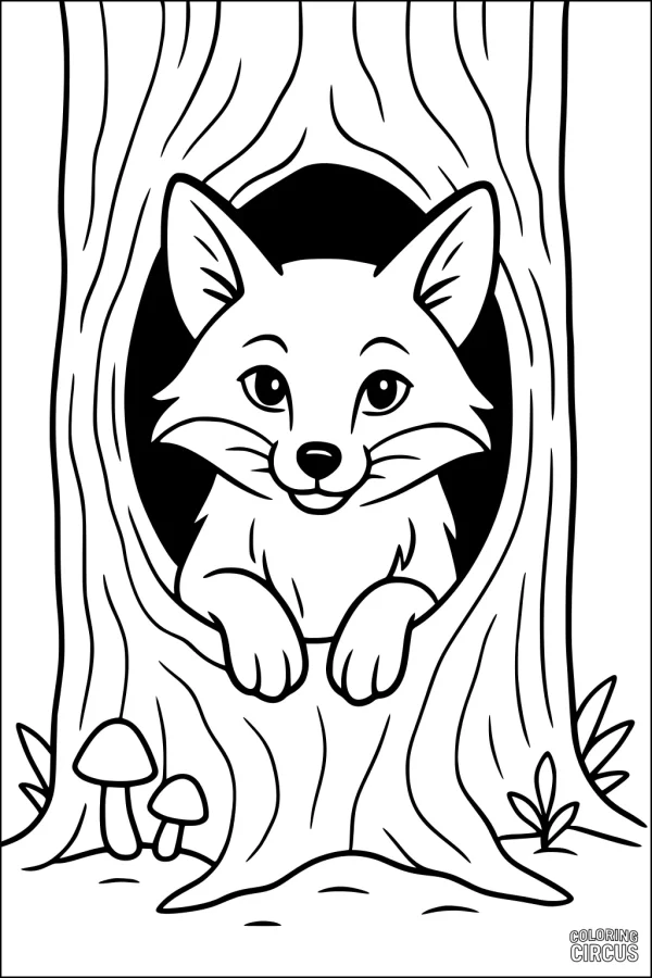 Coloring page fox peeking from hollow tree with mushrooms and plants