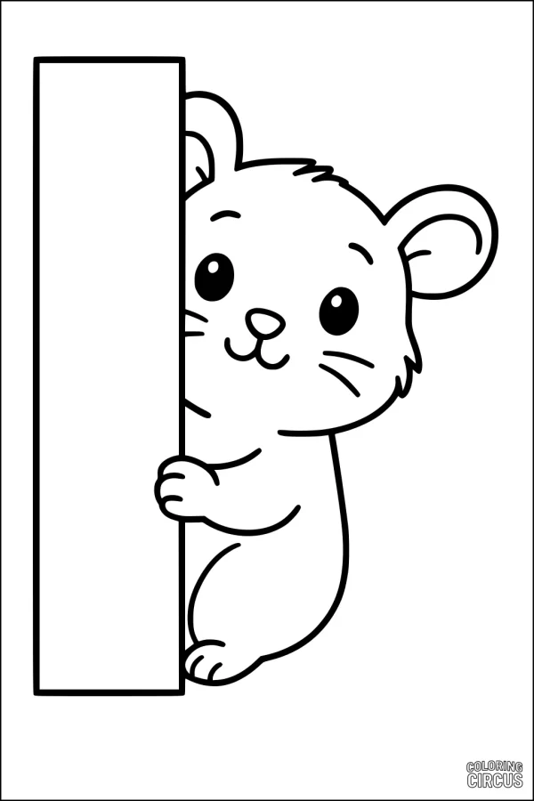 Coloring page featuring a cute cartoon hamster peeking from behind a blank sign