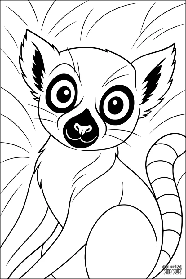 Coloring page featuring a cute lemur with large eyes and a striped tail surrounded by grass
