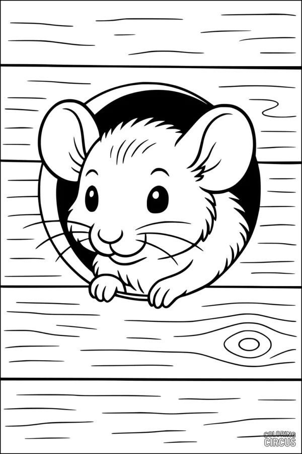 Coloring page of a cute mouse peeking out from a round hole in a wooden wall, simple lines for young children