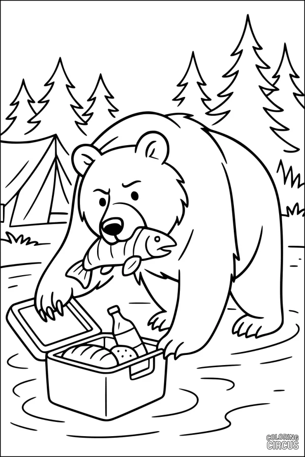 Coloring page of a bear with fish near a picnic cooler in the woods