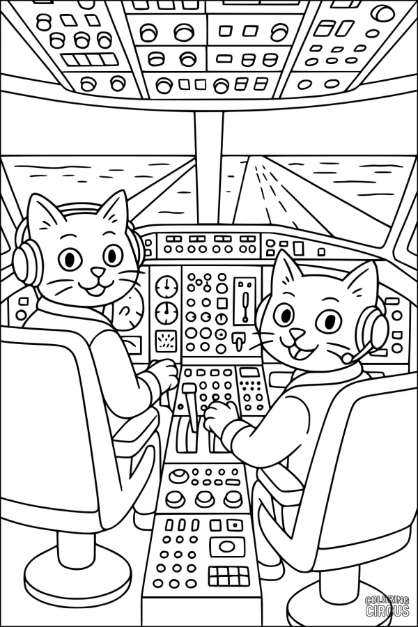 Coloring page showing two cartoon cats piloting an airplane from inside the cockpit with detailed controls and a runway view