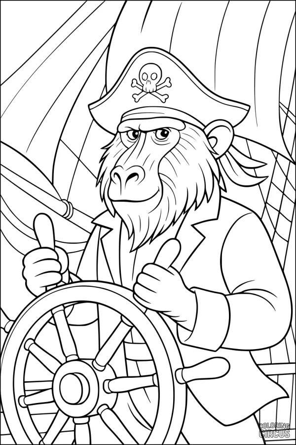 Coloring page featuring a baboon dressed as a pirate captain steering a ship