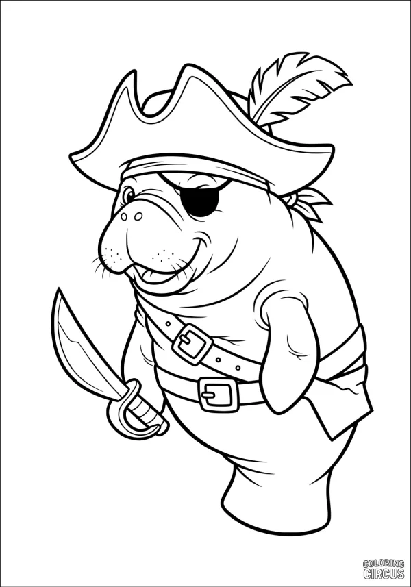 Coloring page showing a cheerful cartoon manatee dressed as a pirate with a hat, eye patch, feather, and cutlass