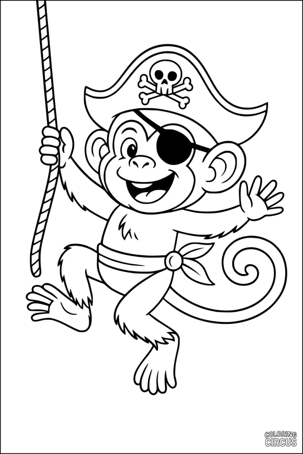 Coloring page featuring a cheerful pirate monkey swinging on a rope, wearing a pirate hat and eyepatch