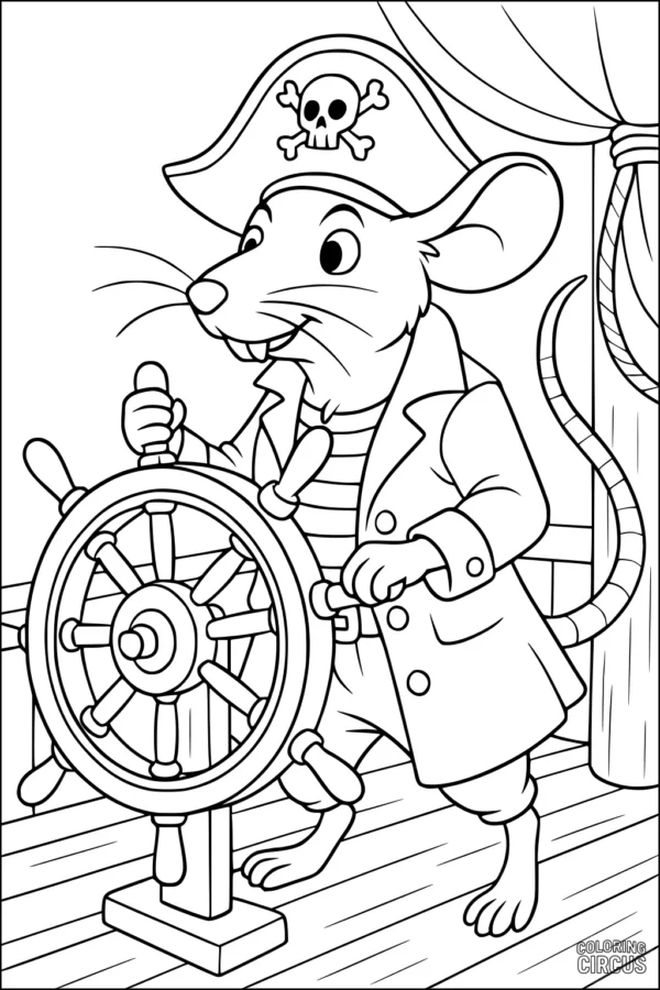 Coloring page of a cheerful cartoon pirate rat steering a ship wheel on a wooden deck