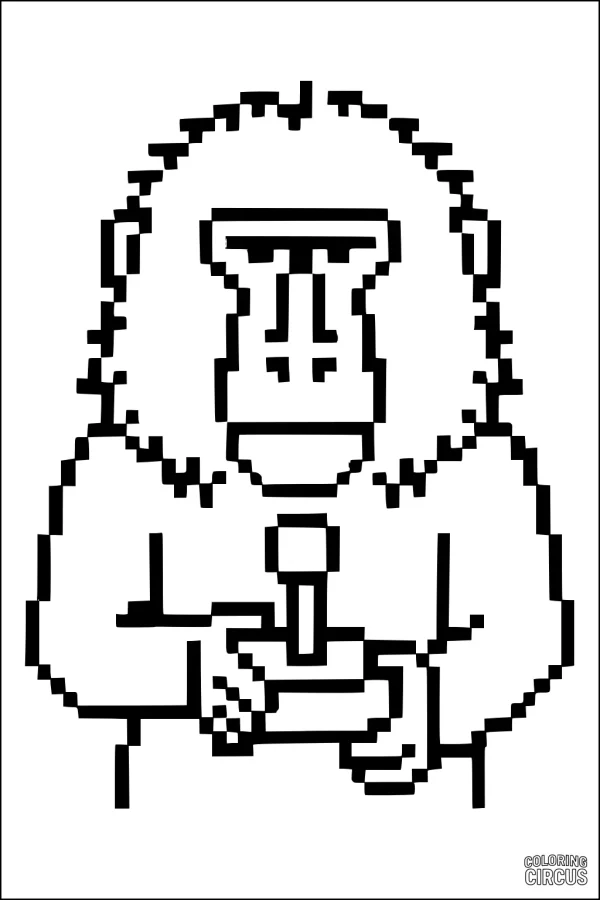 Coloring page featuring a pixel-style baboon holding a microphone