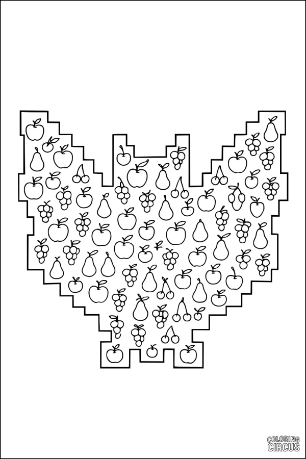 Coloring page shaped like a bat filled with outlined apples, pears, grapes, and cherries in a pixel-art style.