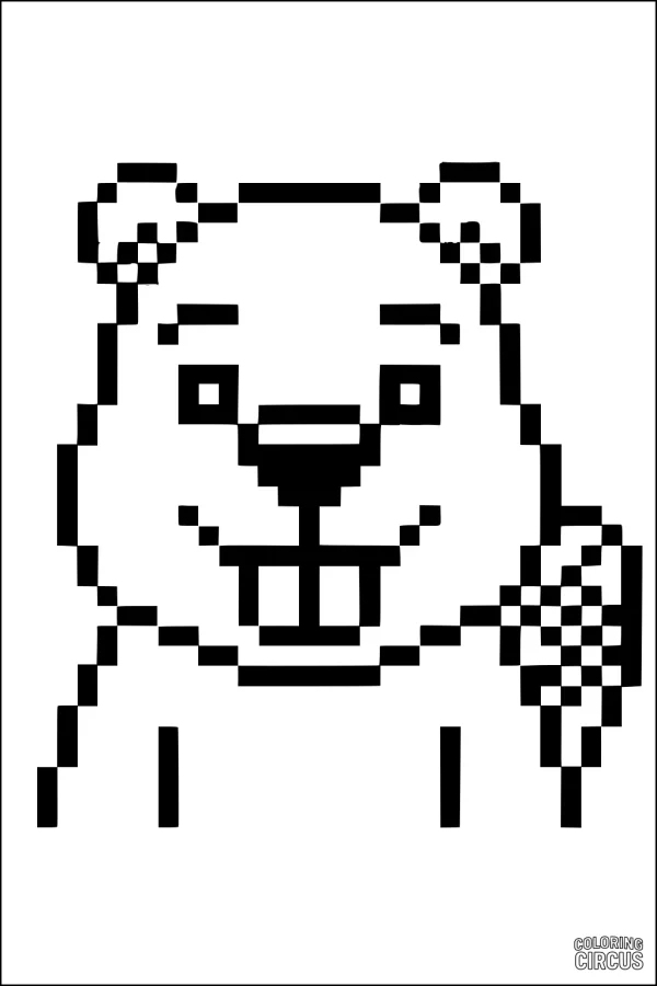 Coloring page of a pixel style beaver with large teeth and a striped tail