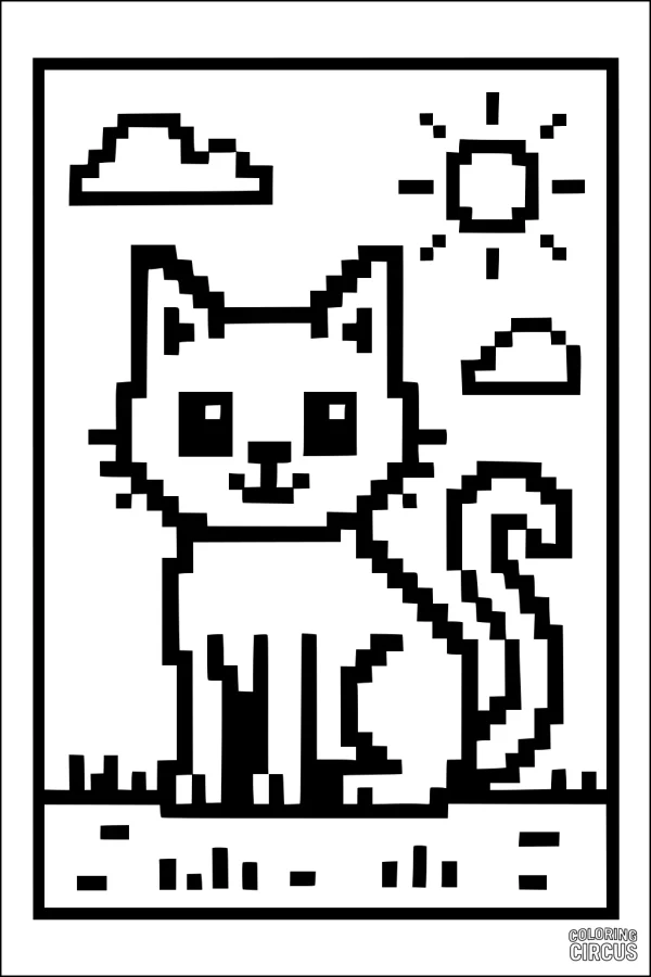 Coloring page of a smiling pixel-style cat sitting outdoors under the sun with clouds in the sky