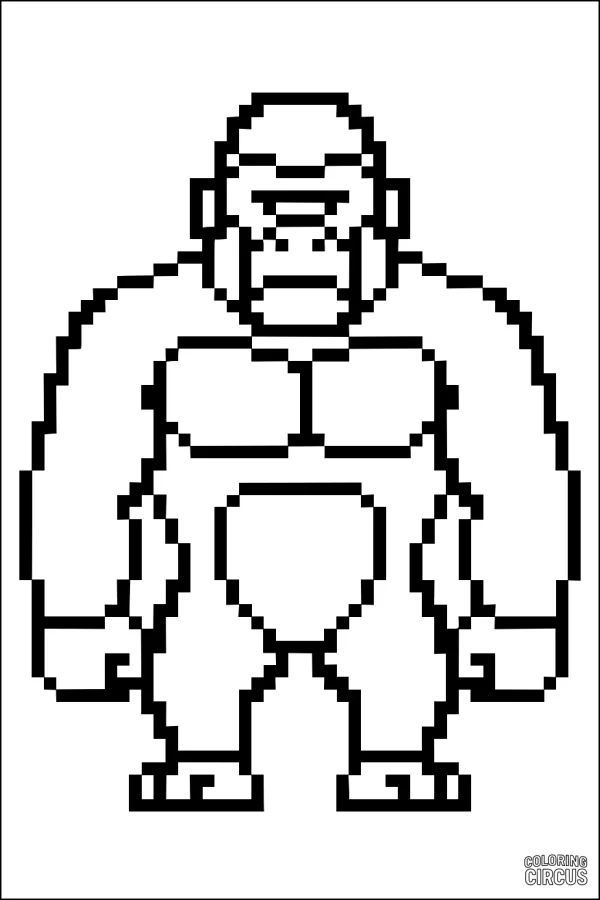 Coloring page of a pixelated cartoon gorilla standing upright