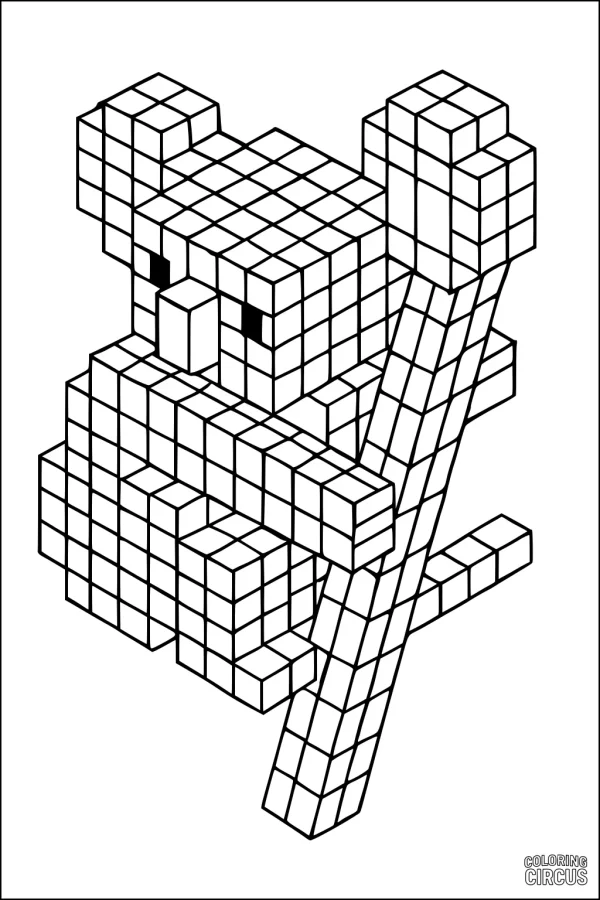 Coloring page of a pixelated koala on a blocky tree