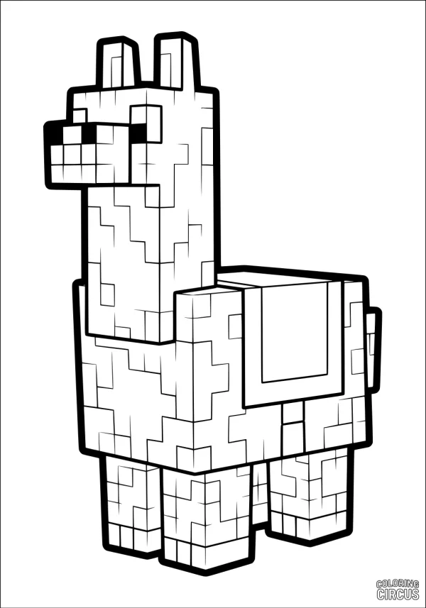 Coloring page featuring a blocky, pixel-style llama inspired by digital games
