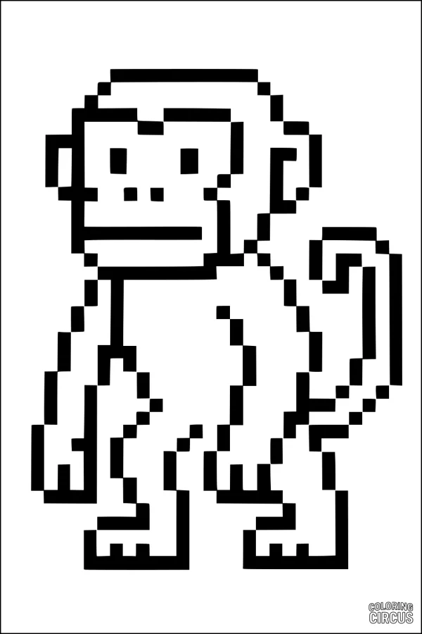 Coloring page showing a simple pixel-art monkey with a curled tail and square features.