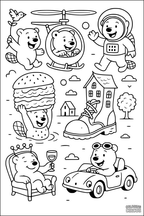 Coloring page featuring six cartoon bears in imaginative scenes including flying, driving, and eating a giant burger