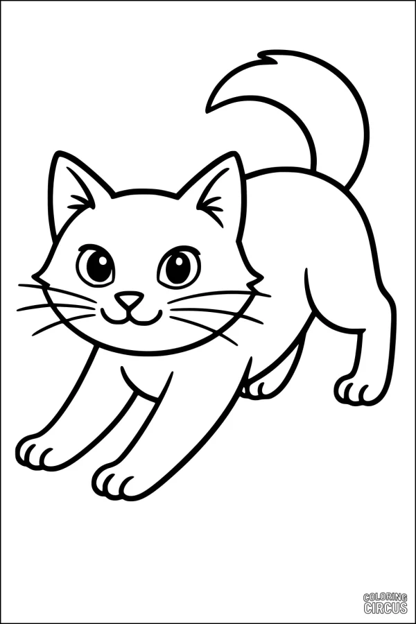 Coloring page featuring a cartoon kitten in a playful, pouncing pose with big, friendly eyes.