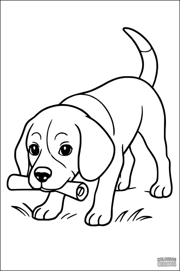 Coloring page of a cute puppy carrying a scroll in its mouth standing on grass