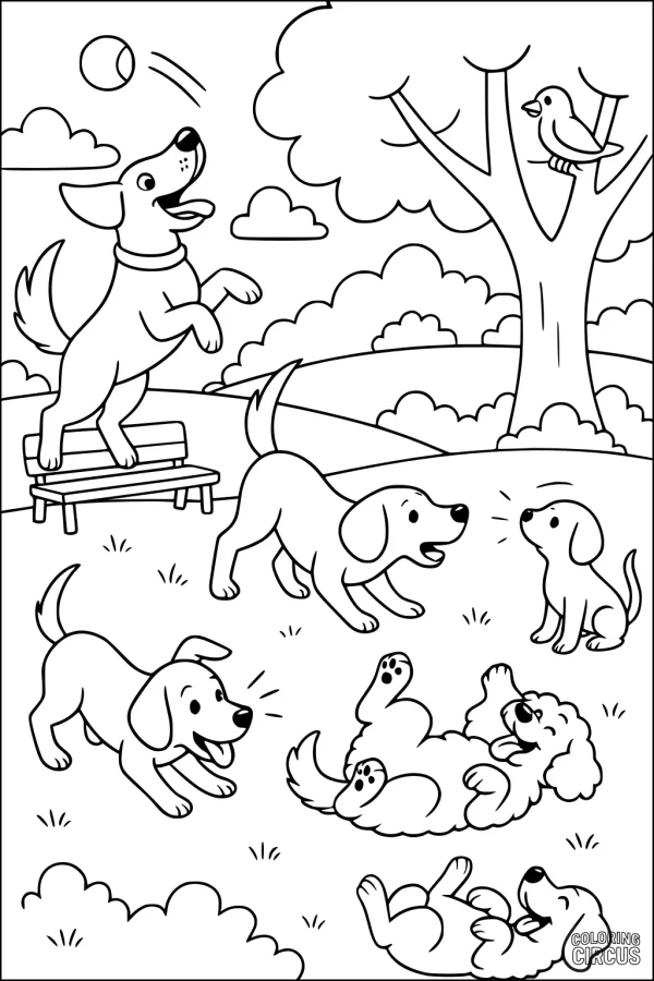 Coloring page showing several cheerful cartoon dogs playing together outdoors in a park with a tree and bird.