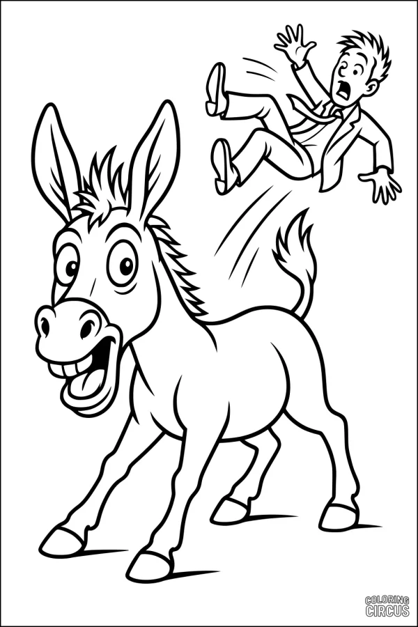 Coloring page featuring a cartoon donkey kicking a surprised man flying in the air