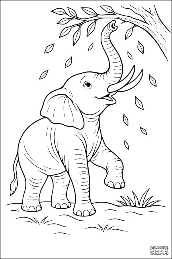 Coloring page featuring a cute elephant reaching up to a tree branch for leaves, standing on grassy ground with falling leaves