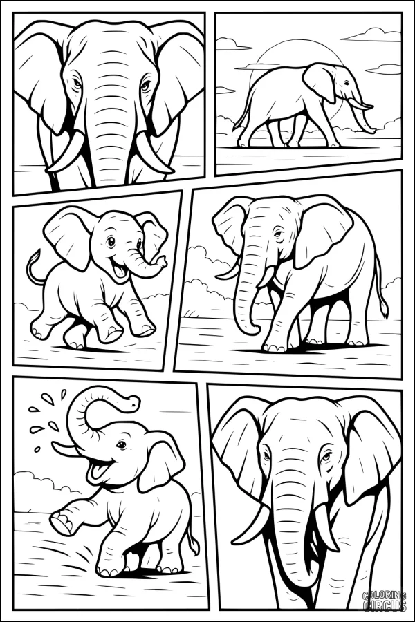 Coloring page featuring cartoon elephants in different playful poses outdoors