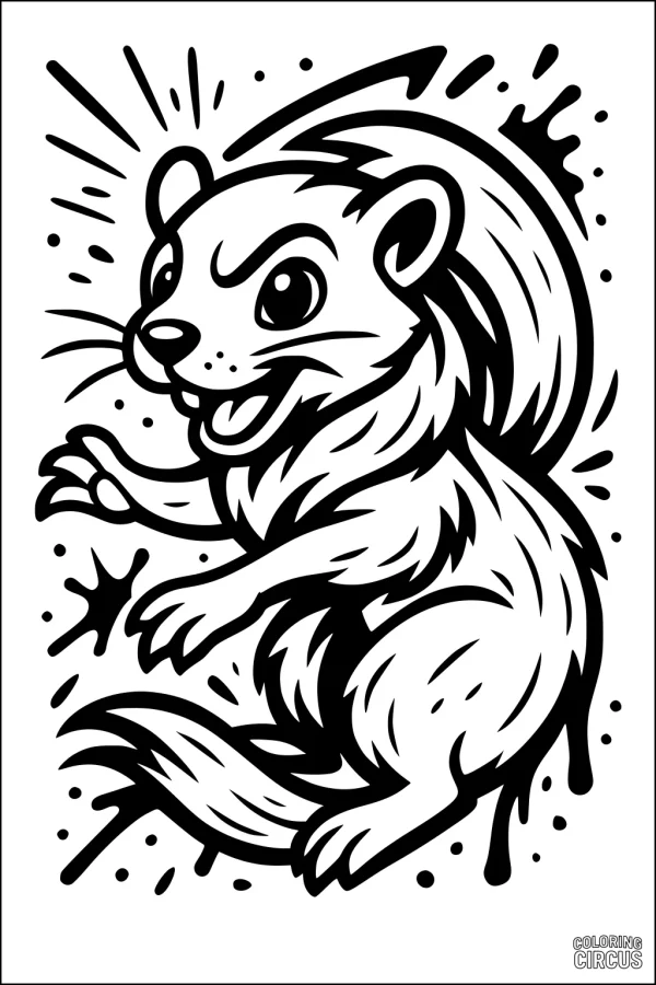 Coloring page featuring a cartoon ferret jumping playfully with a splash background