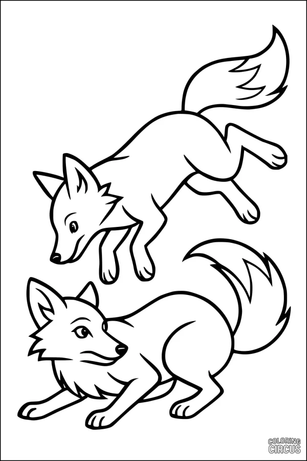 Coloring page with two playful foxes jumping and crouching