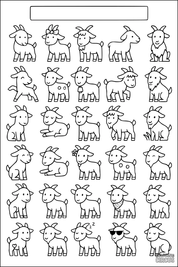 Coloring page with cute cartoon goats in different poses and accessories