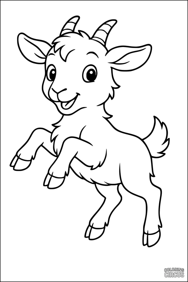 Coloring page showing a cute cartoon goat leaping with a happy expression, perfect for kids
