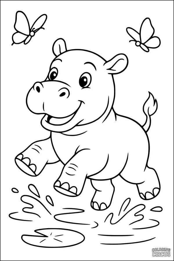 Coloring page of a cute hippopotamus jumping in a puddle with butterflies overhead