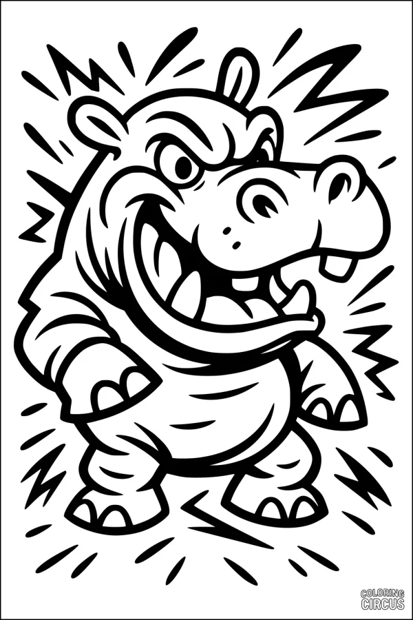 Coloring page featuring a cartoon hippopotamus with a big smile and energetic pose