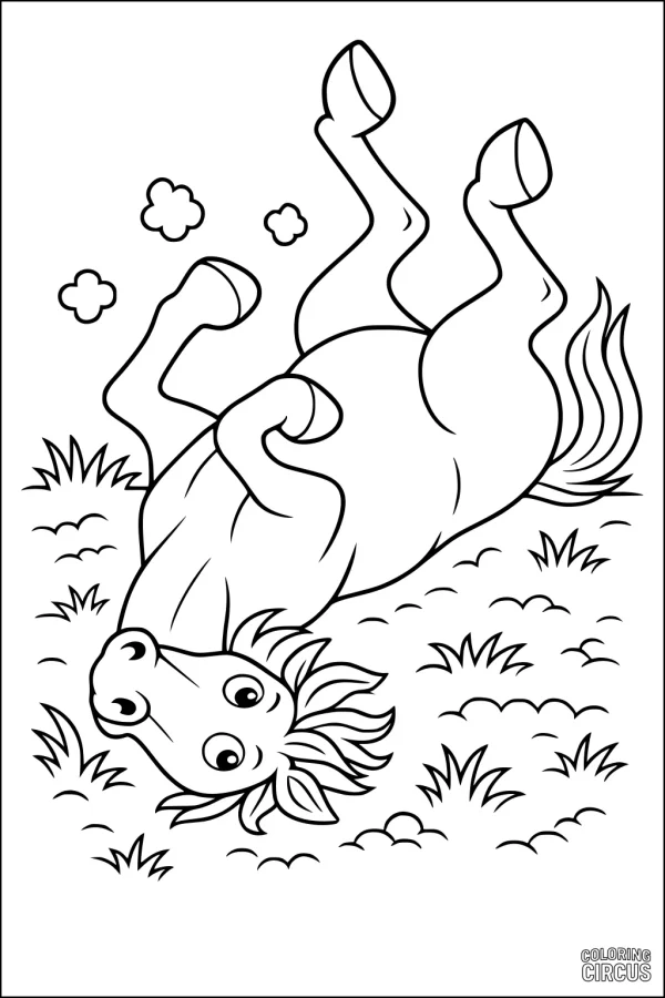 Coloring page of a cartoon horse rolling joyfully in the grass with tufts and playful clouds around